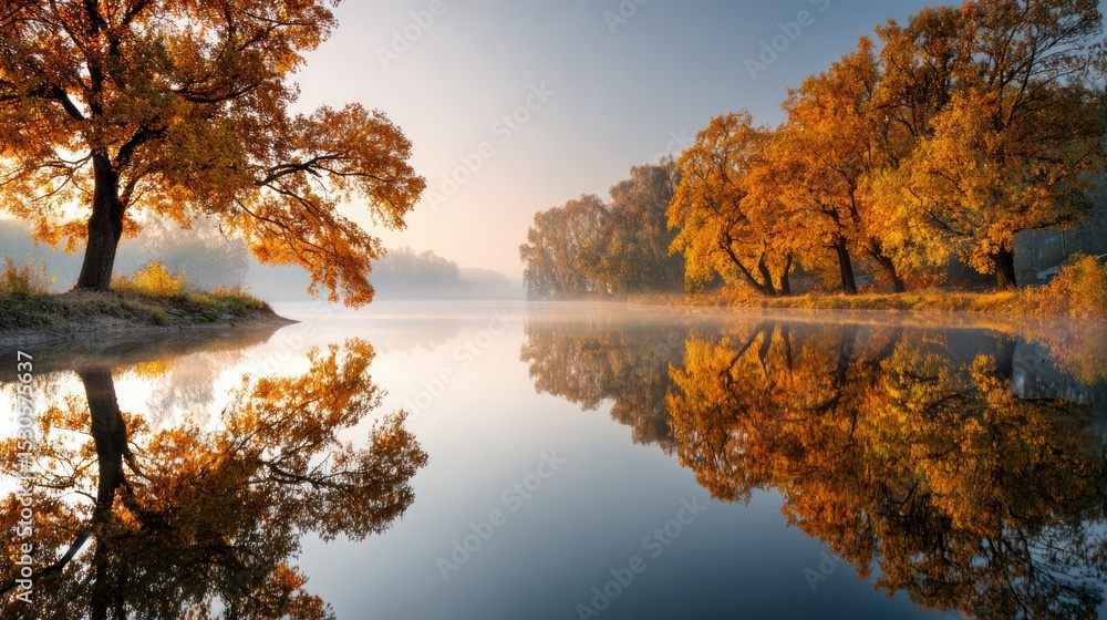 Obraz premium Calm autumn lake with perfect reflection of golden maple trees, mirror-like water surface, soft morning mist above the lake, peaceful and symmetrical composition