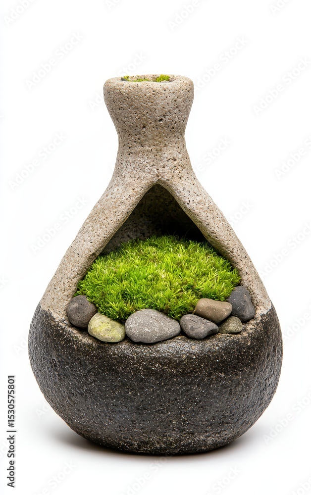 Fototapeta premium Textured Stone Vase Featuring Vibrant Green Moss and Rocks on White Background