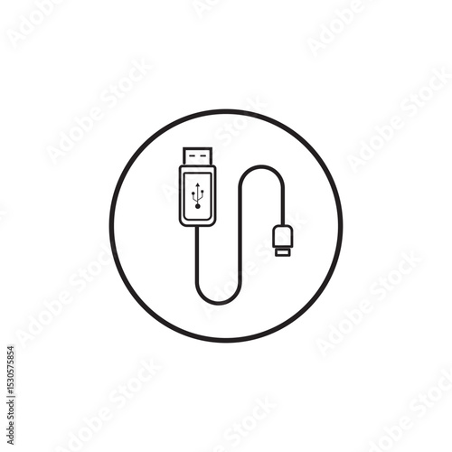 USB cable silhouette, charging cord vector, black and white icon