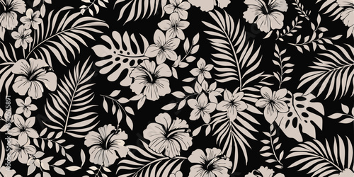 A seamless pattern of white hibiscus flowers and tropical leaves on a black background creates a bold design