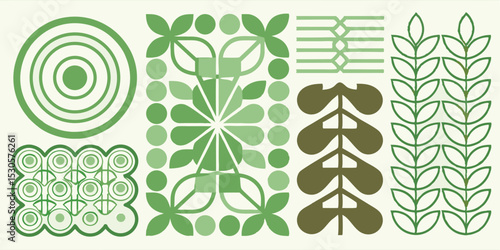 Geometric pattern featuring circles leaves and abstract floral elements in shades of green and olive drab