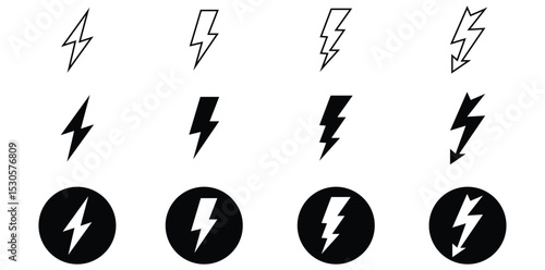 lightning bolt icon set in editable stroke and filled.
electric power symbol.