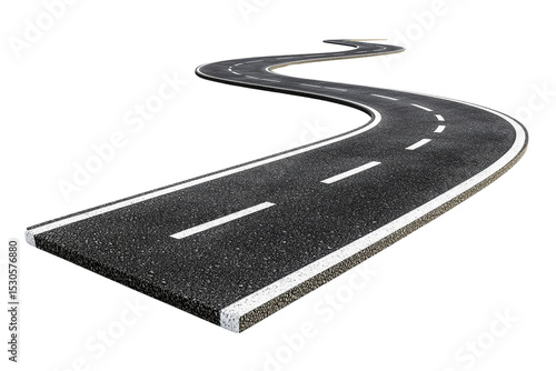 Winding asphalt road with white lines, isolated, transparent background, 3D render