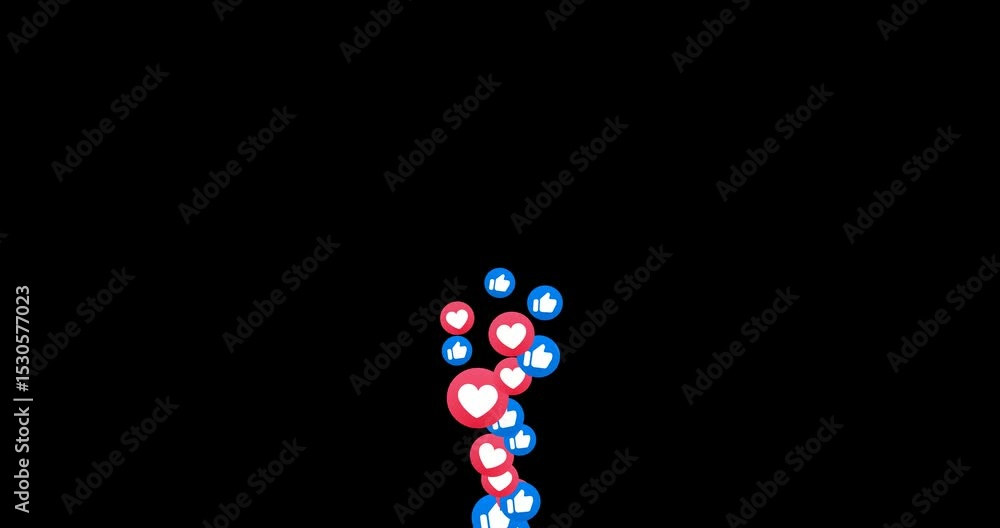 Heart and thumb up fountain fly up. Stream reactions in social media. Follower like support. Love emoji motion graphic. Live streaming in emoticon reaction template. MOV with Alpha Channel Overlay