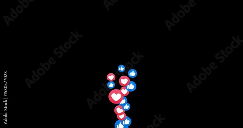 Heart and thumb up fountain fly up. Stream reactions in social media. Follower like support. Love emoji motion graphic. Live streaming in emoticon reaction template. MOV with Alpha Channel Overlay