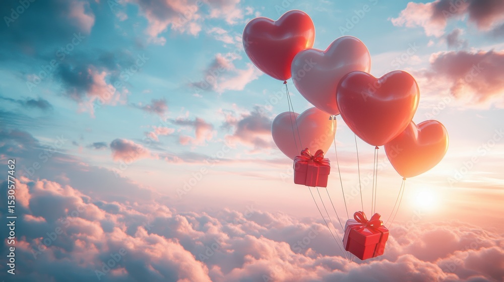 A Box flying on a parachute with pink cloud in valentine day,package flying down from sky and cloud with parachute, concept for delivery service,shopping online,air delivery service. A Box flying on a parachute with pink cloud in valentine day,package flying down from sky and cloud with parachute, concept for delivery service,shopping online,air delivery service.