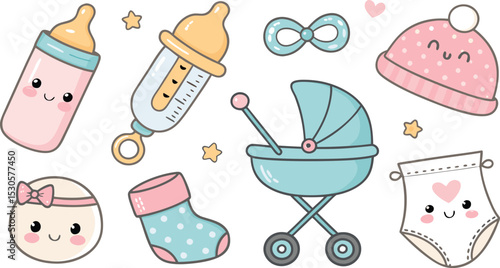 Kawaii Baby Icon Set Bottle, Pacifier, Rattle, Hat, Stroller, Baby, Diaper & Socks on White Background. 