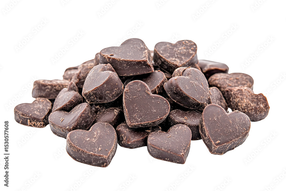 Fototapeta premium Pile of dark chocolate heart-shaped candies, isolated on transparent background, close-up view, sweet treat, romantic, delicious