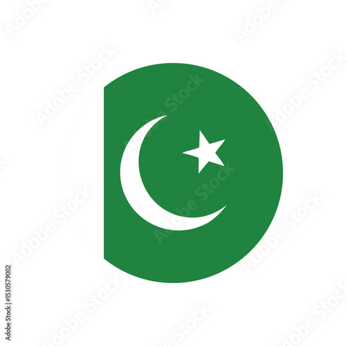 Pakistan national flag symbol with crescent and star in a green circular shape