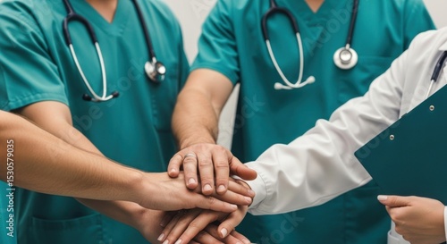 A medical team stacking hands wearing scrubs and lab coat showing unity and teamwork in healthcare