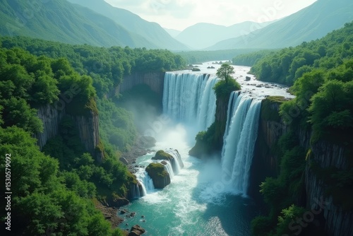 Majestic Waterfall Lush Green Valley  Cascading Water