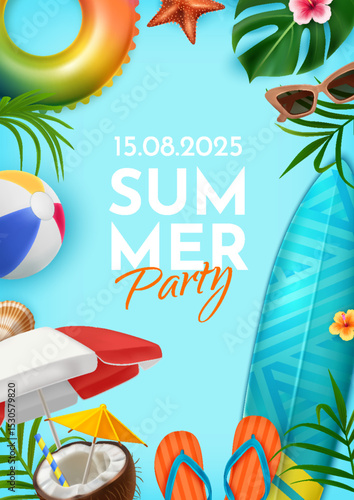 Realistic Summer Party Poster with Beach Elements