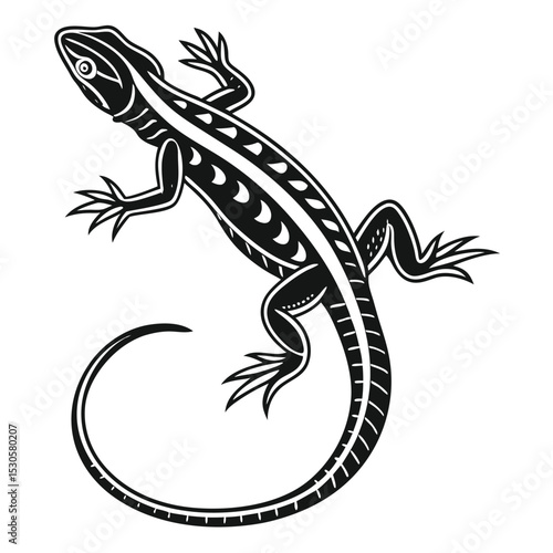 Detailed black lizard featuring unique body markings curls its segmented tail gracefully