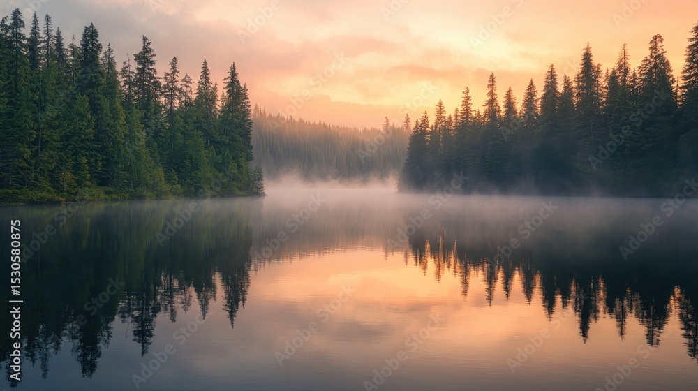Fototapeta premium Serene Lake with Misty Reflections and Evergreen Forest at Dawn
