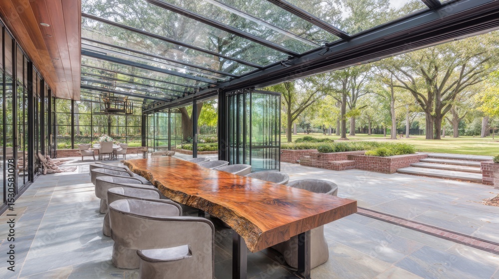Naklejka premium Modern open-air dining area blending indoor and outdoor elements with a large live-edge wooden table and contemporary light gray upholstered chairs on a smooth stone-tiled floor. Glass ceiling panels 