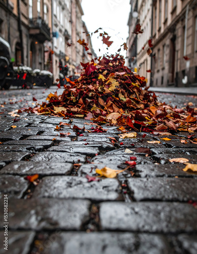 Moody autumn scene on a cobblestone street. A pile of colorful leaves cascades downwards. Perfect for seasonal promotions, urban themes, or transitional periods.
