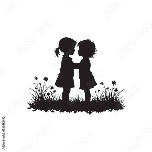 Silhouette of Friendship: A heartwarming silhouette captures two young children embracing in a field of wildflowers, symbolizing the purity of friendship and the simple joys of childhood.