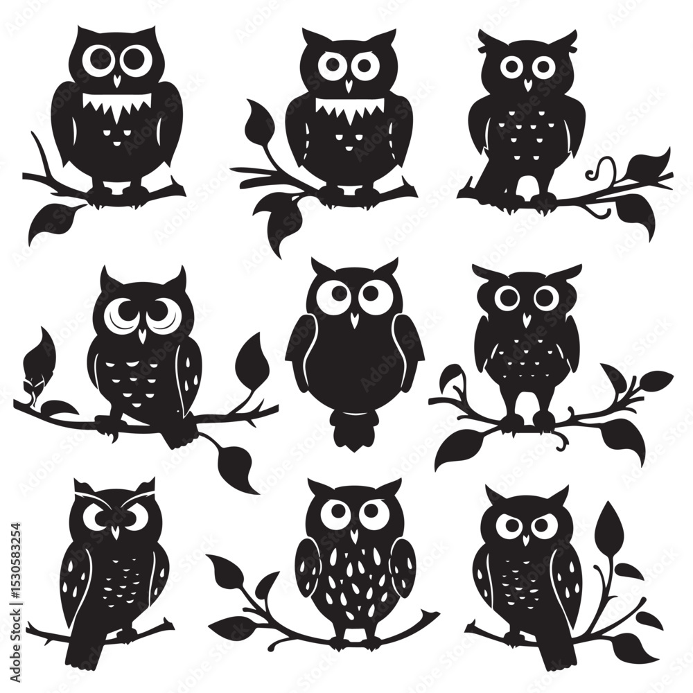 Fototapeta premium Owls silhouette isolated in White background