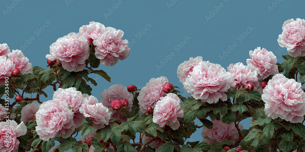 Fototapeta premium Soft pastel blossoms cluster naturally along verdant stems against azure backdrop.
