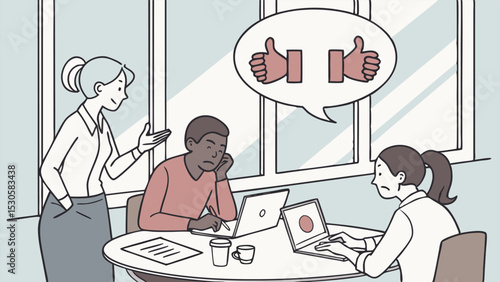 A supervisor oversees two employees working on laptops with thumbs up in a speech bubble near a window
