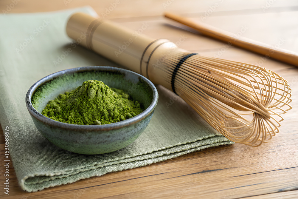Matcha Powder and Bamboo Whisk on Table
Matcha Powder and Bamboo Whisk on Table