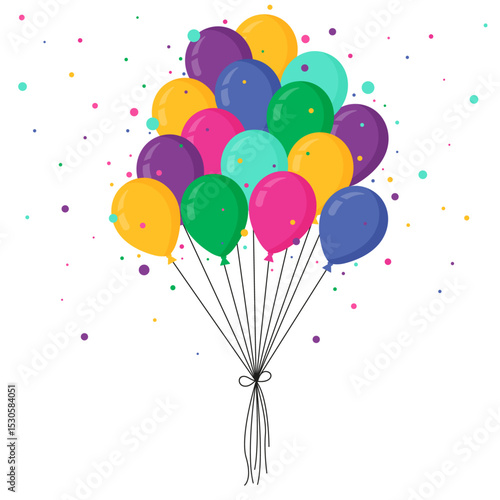 Bouquet de ballons colorés entourés de cotillons festifs