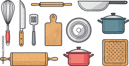 Kitchen utensil icon set knife, fork, spoon, whisk, pan, pot, rolling pin, and cutting board in clean modern vector style.