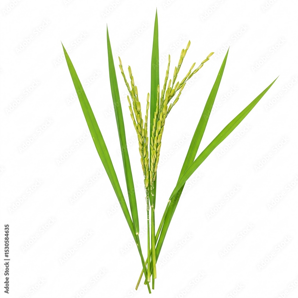 A grain of rice growing with a slender stem and leaves, reflecting its agricultural nature, A grain of rice growing with a slender stem and leaves, reflecting its agricultural nature,