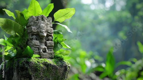 Mystical creature statue surrounded by lush green leaves in hidden temple, evoking sense of ancient mystery and nature beauty