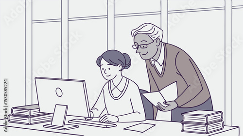Woman working on computer with supervisor looking over her shoulder in office environment setting scene