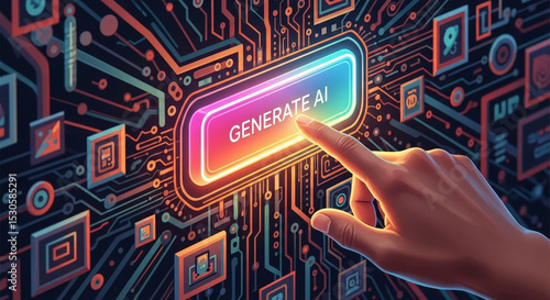 Hand Touching Generate AI Button On Illuminated Circuit Board Interface In Futuristic Digital Composition