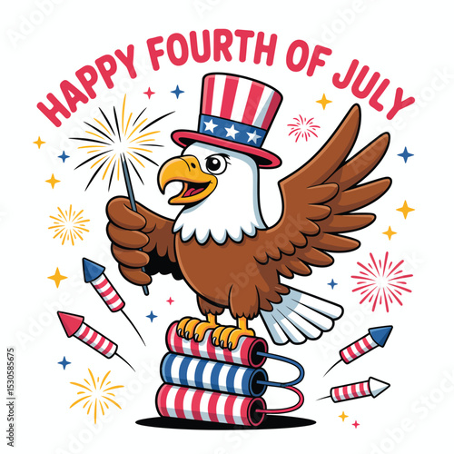 Patriotic Bald Eagle Celebrating Fourth of July with Fireworks