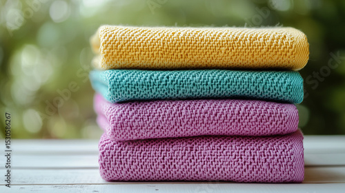 Stack of Colorful Folded Towels. Stack of soft folded towels in yellow, turquoise, and pink colors placed on a white wooden surface with a blurred background.