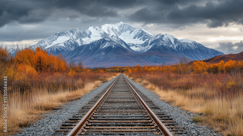 Fototapeta premium Railway Track Leading to Snowy Mountain. Railway track stretching into distance toward snow-capped mountain, surrounded by autumn trees under dramatic cloudy sky, symbolizing travel and adventure.