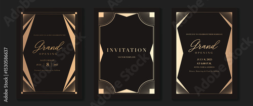 Luxury wedding invitation card background vector. Golden elegant gold wavy lines on dark background. Premium design illustration for wedding and vip cover template, banner, poster.