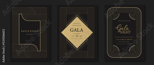 Luxury wedding invitation card background vector. Golden elegant gold wavy lines on dark background. Premium design illustration for wedding and vip cover template, banner, poster.
