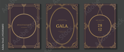 Luxury wedding invitation card background vector. Golden elegant gold wavy lines on brown background. Premium design illustration for wedding and vip cover template, banner, poster.