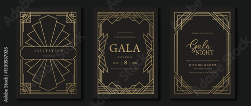 Luxury wedding invitation card background vector. Golden elegant gold wavy lines on brown background. Premium design illustration for wedding and vip cover template, banner, poster.