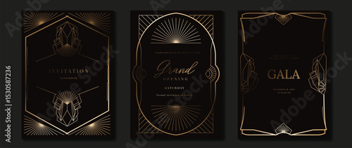 Luxury wedding invitation card background vector. Golden elegant gold wavy lines on dark background. Premium design illustration for wedding and vip cover template, banner, poster.