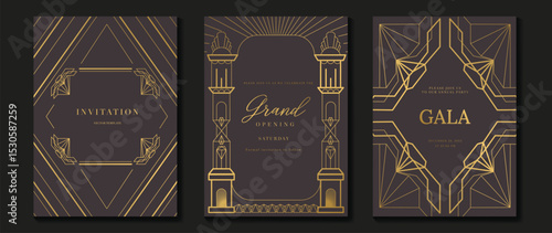 Luxury wedding invitation card background vector. Golden elegant gold wavy lines on brown background. Premium design illustration for wedding and vip cover template, banner, poster.