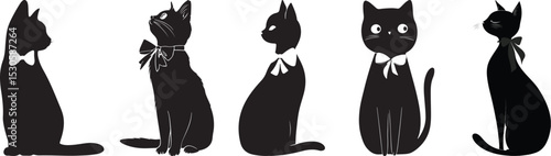 Cat Silhouette Set Featuring Five Seated Profiles with Bow Tie Accessories in Playful Black Vector Style