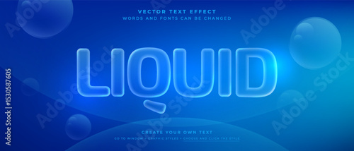 Liquid glass text effect with bubbles on a blue gradient background