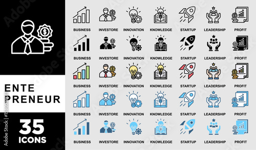ENTERPRENEUR icon set with various styles and colors of Enterpreneur banner web icon vector illustration concept with icon of business, investor, innovation, knowledge, startup, leadership and profit