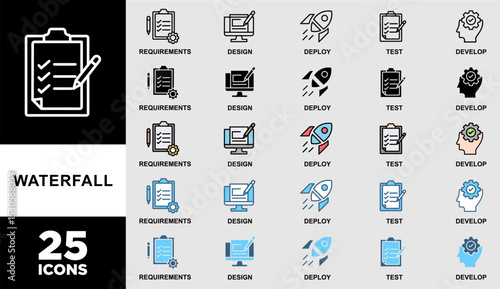 WATERFALL icon set with various styles and colors of Waterfall banner web icon vector illustration concept with icon of requirements, design, develop, test and deploy