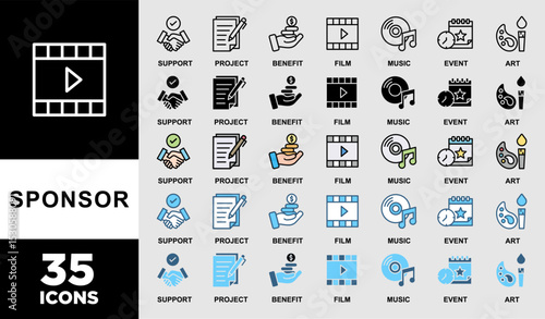 SPONSOR icon set with various styles and colors of Sponsor banner web icon vector illustration concept with icon of support, project, benefit, art, event, music, sport, and film