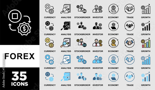 FOREX icon set with various styles and colors of Forex banner web icon vector illustration concept with icon of currency, economy, trade, investor, growth, analysis and stockbroker