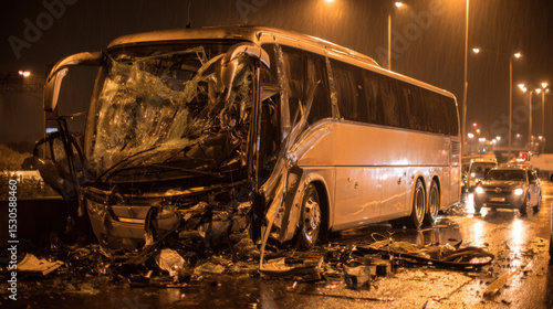 A severely damaged bus lies on the highway at night, surrounded by debris and rain, following a traffic accident in poor visibility