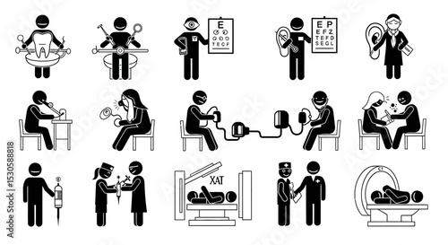 Medical Professionals Performing Various Examinations and Treatments in Stick Figure Style