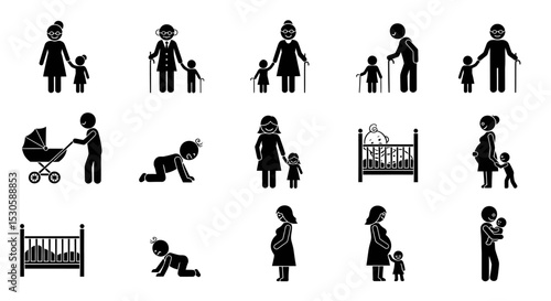 Pictogram Depictions of Human Life Stages, Family, and Parenthood.