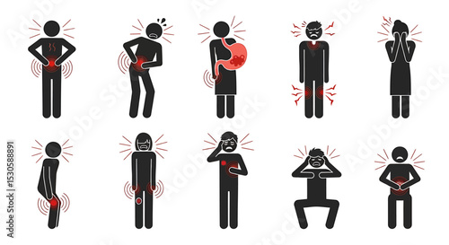 Pictograms Depicting Various Bodily Pains and Discomforts with Red Radiating Lines
